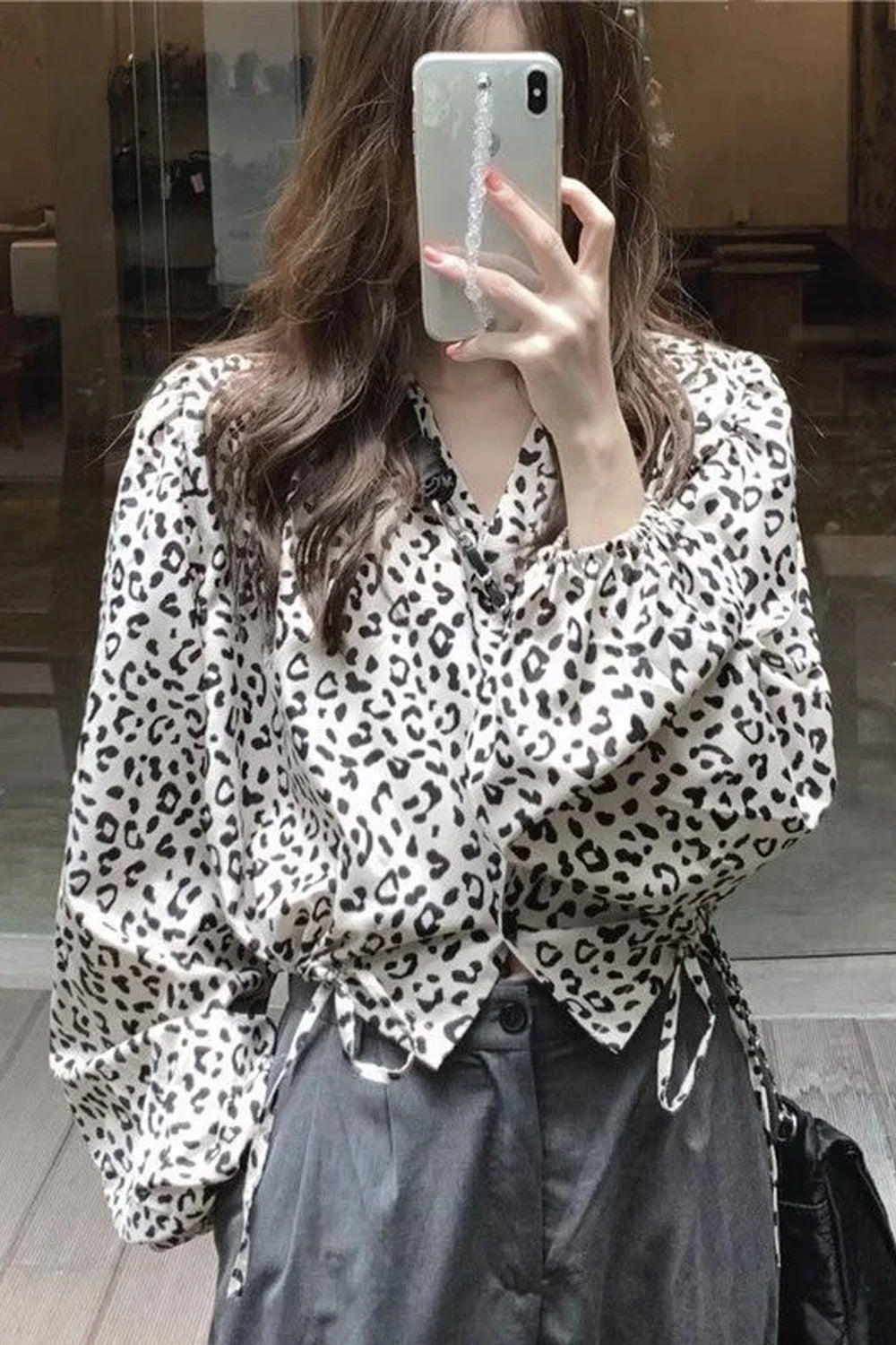V-Neck Leopard Pattern Lace Up Slim Blouse Shirt
