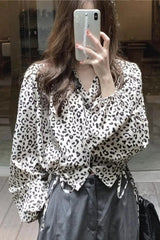 V-Neck Leopard Pattern Lace Up Slim Blouse Shirt