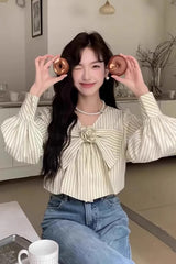 Long Sleeve Striped Cute Bow Blouse Shirt