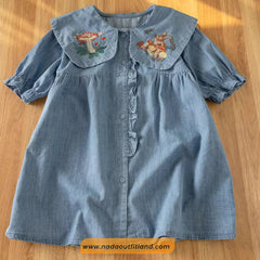 Cartoon Rabbit Embroidered Peter Pan Collar Denim Blouse Shirt