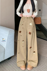 High Waist Loose Cute Dog Embroidered Khaki Jeans Pants