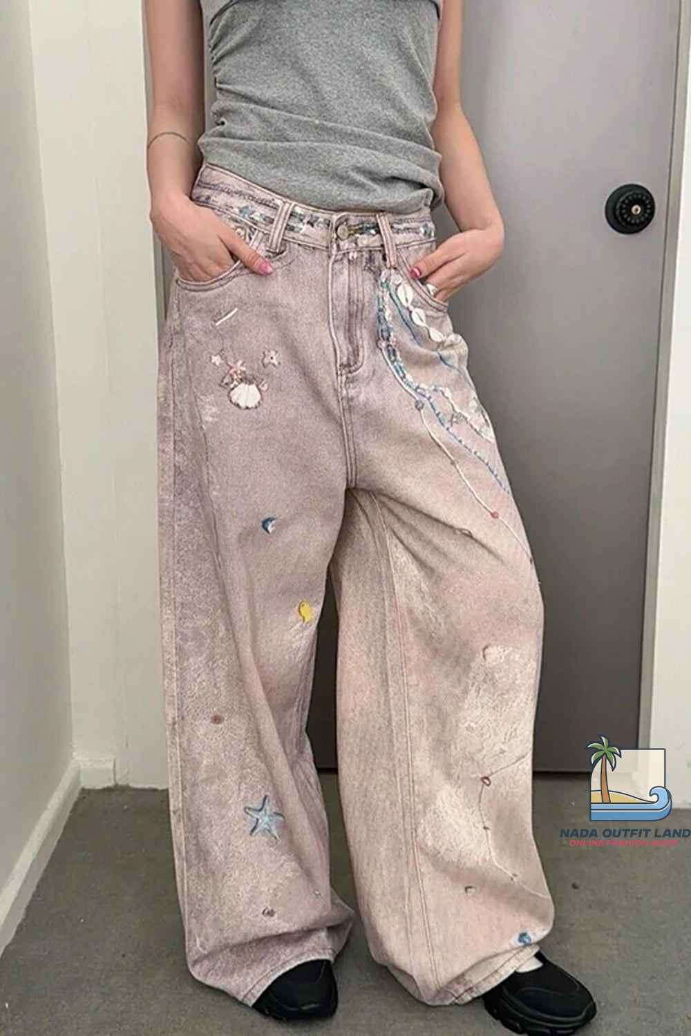 Loose Sea Theme Pattern Pink Denim Long Pants