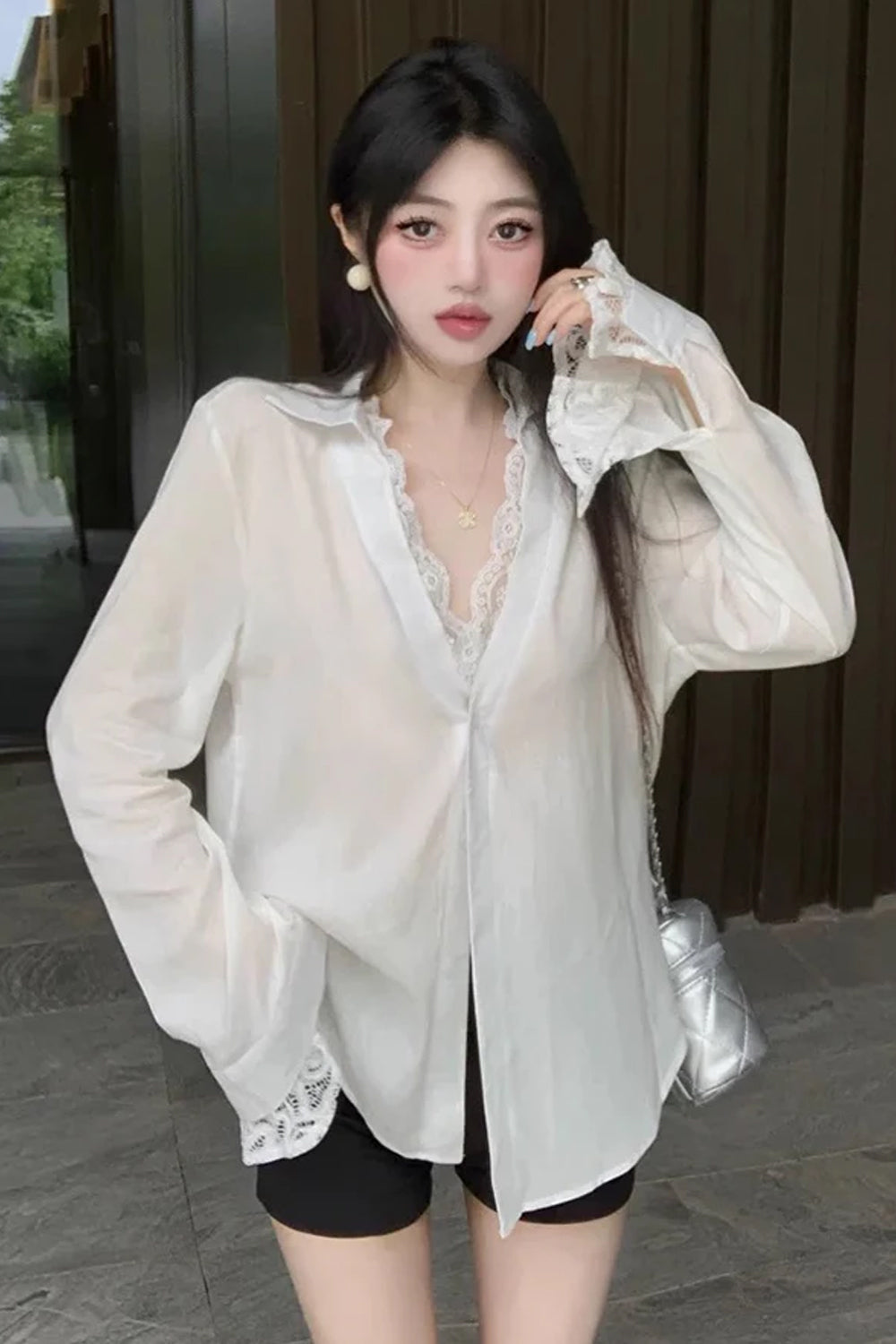 Long Sleeve Lace Patchwork Button Office Blouse Shirt