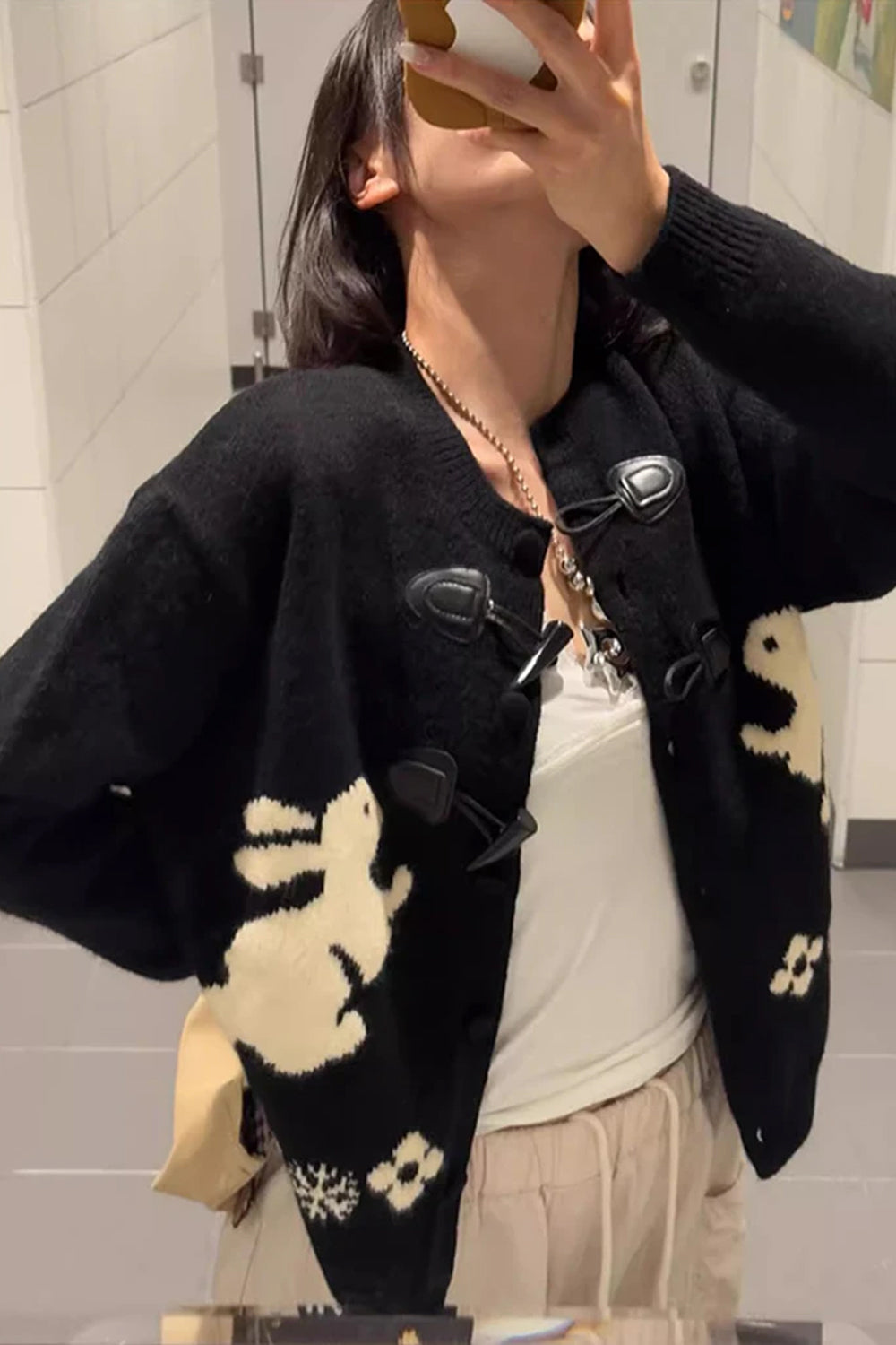 Long Sleeve Cute Rabbit Pattern Knitted Cardigan Sweater