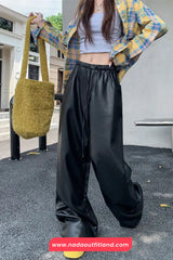 High Waist Loose Elastic Black Leather Women Pants