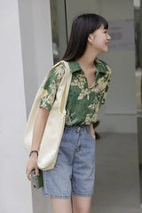 Short Sleeve Green Floral Printed Blouse Shirt