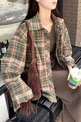 Long Sleeve Loose Retro Plaid Blouse Shirt