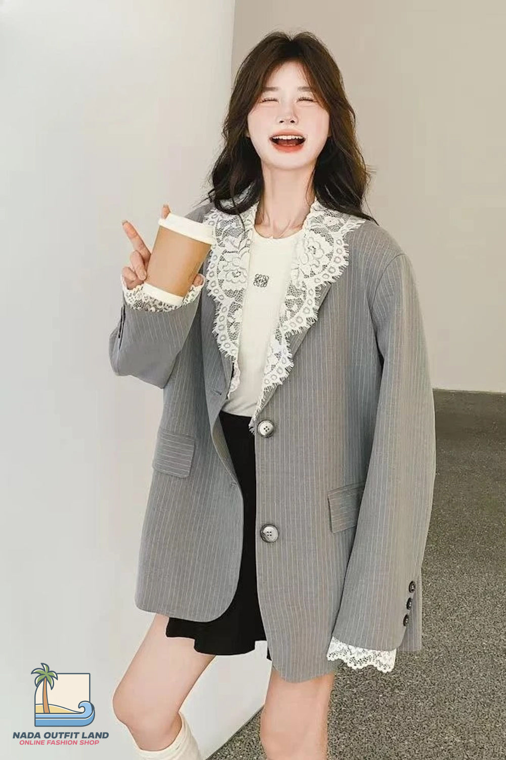 Long Sleeve V-Neck Grey Striped Lace Patchwork Blazer Jacket