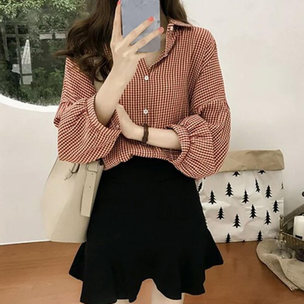 Long Sleeve Elegant Plaid Office Blouse Shirt