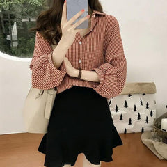 Long Sleeve Elegant Plaid Office Blouse Shirt