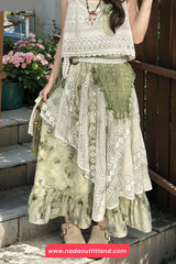 High Waist Lace Patchwork Green Tie Dye Irregular Long Skirts