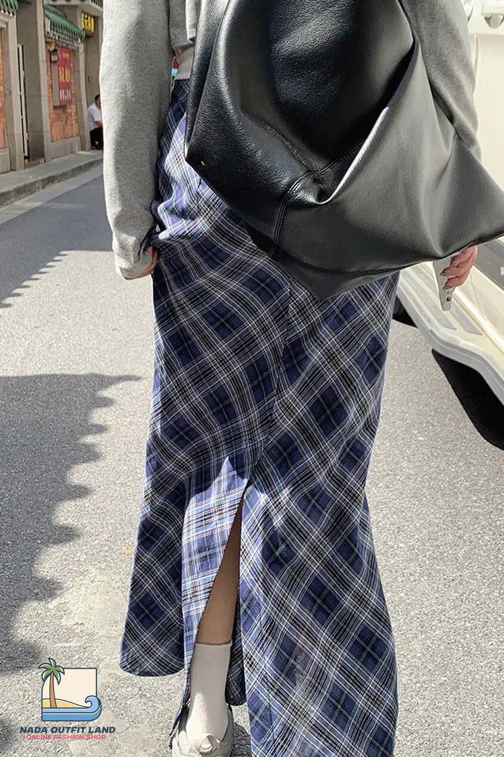 High Waist Grid Plaid Pattern Slit Skirts