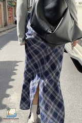 High Waist Grid Plaid Pattern Slit Skirts