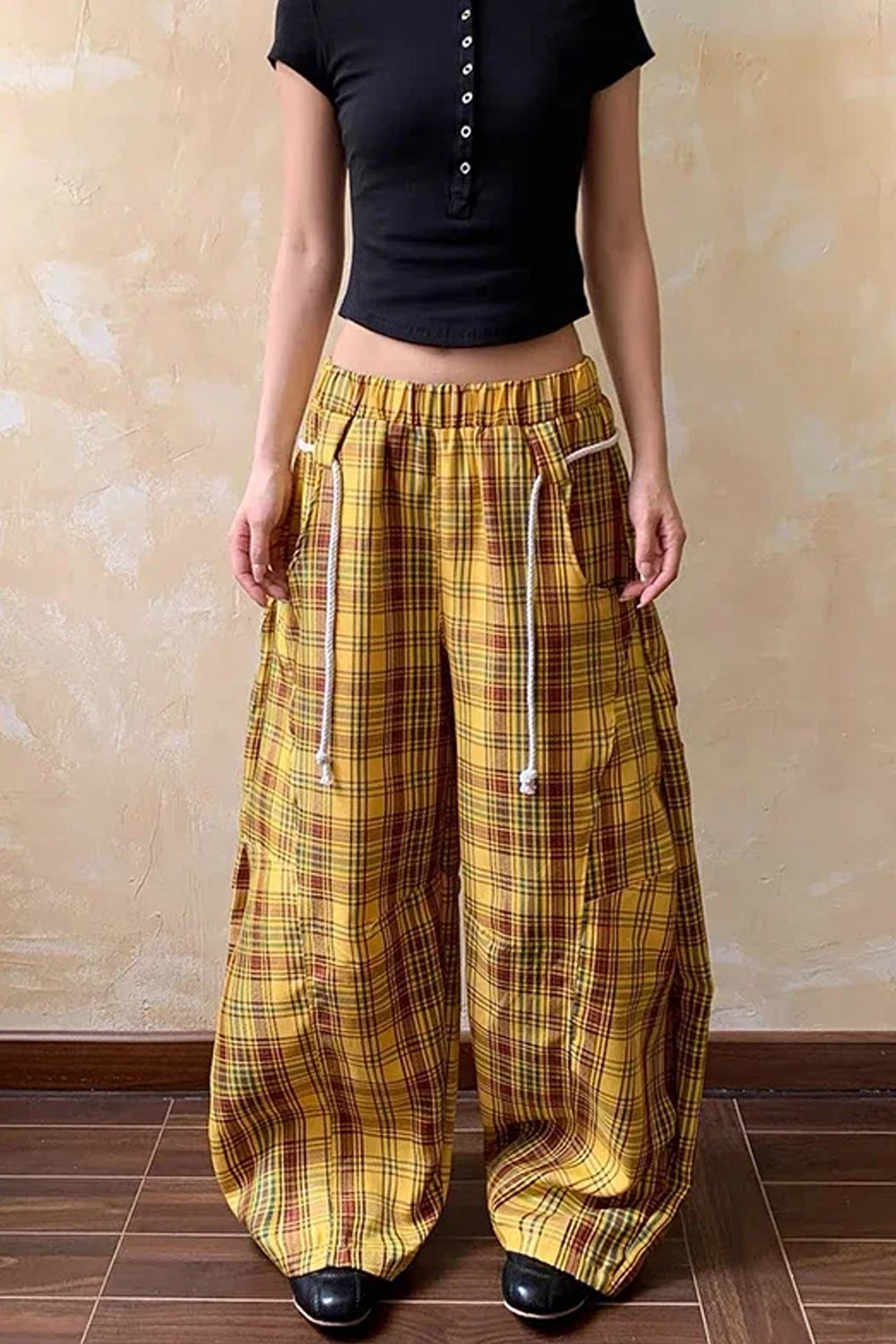 High Waist Yellow Plaid Wide Leg Pants â€?Vintage Cozy Everyday Style