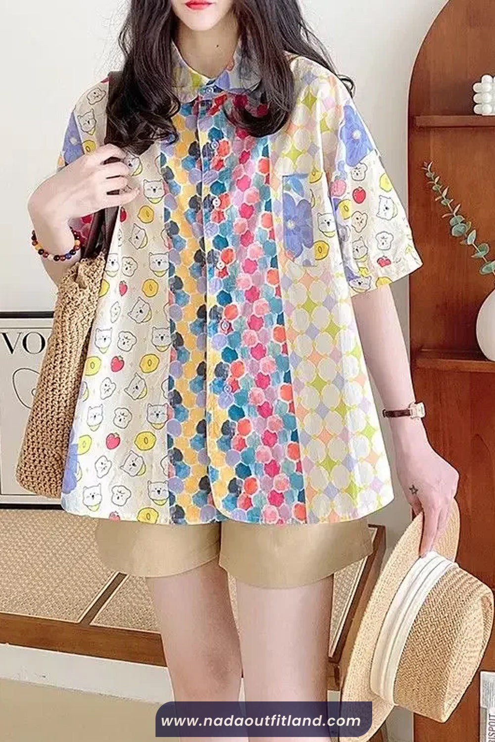 Short Sleeve Retro Cartoon Dog Pattern Blouse Shirt