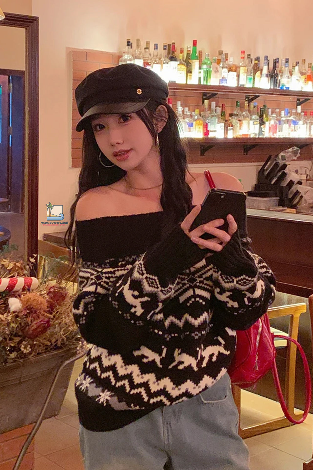 Sexy Slash Neck Retro Pattern Knitted Sweater