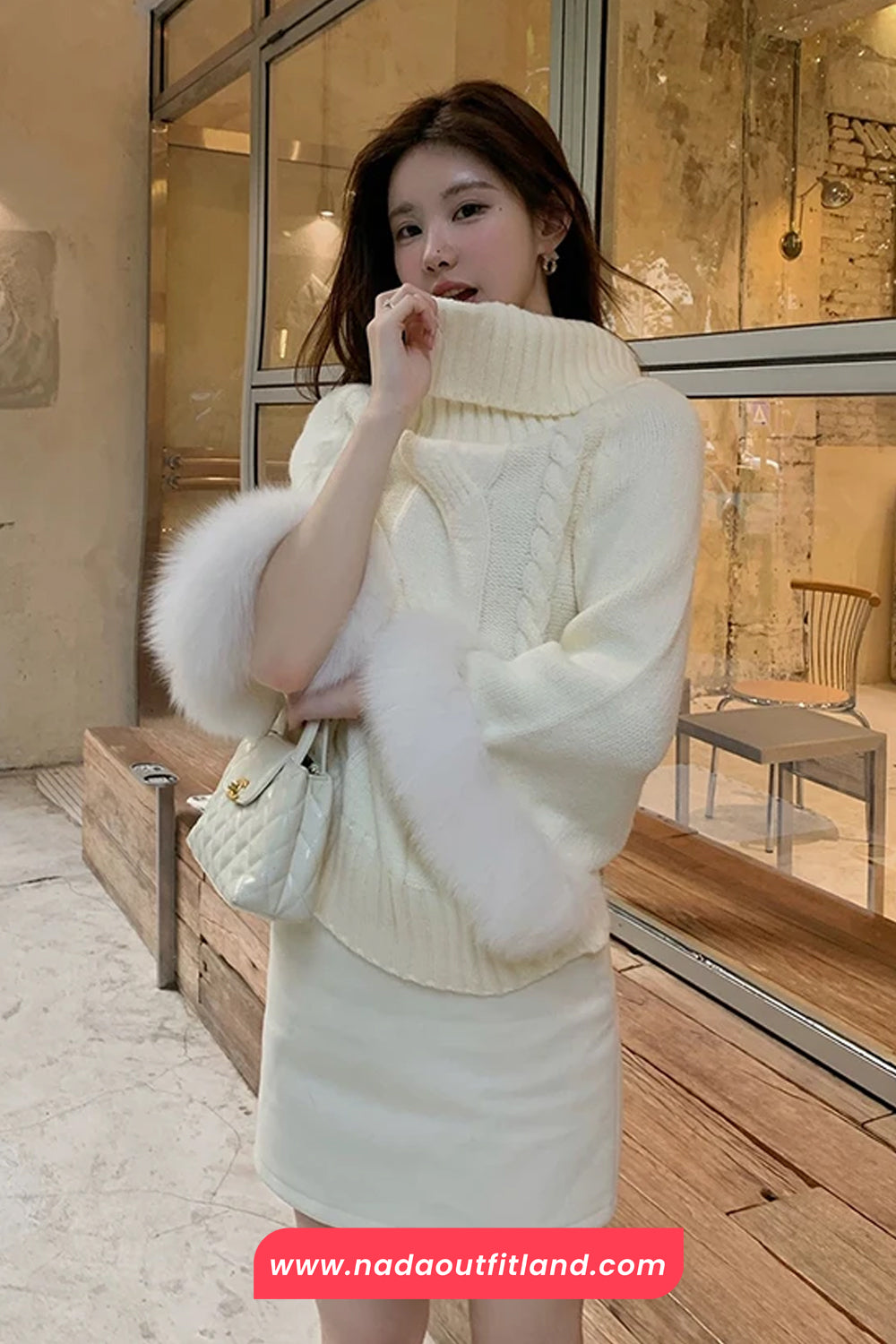 Long Sleeve Faux Fur Knitted Off Shoulder Sweater
