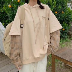 Long Sleeve Fake Two Piece Hooded Sleeve Plaid