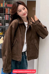 Long Sleeve Turn Down Collar Retro Dark Brown Jacket