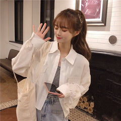 Long Sleeve Turn Down Collar Cropped Shirts