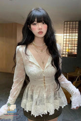 Sexy V-Neck Flare Sleeve Semi Transparent Blouse Shirt