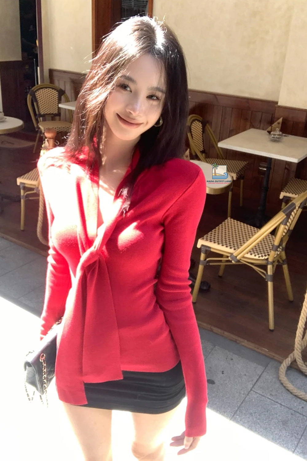 Long Sleeve V-Neck Elegant Tie Retro Red Sweater