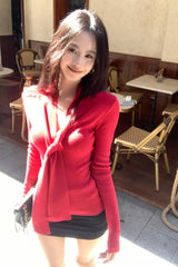 Long Sleeve V-Neck Elegant Tie Retro Red Sweater