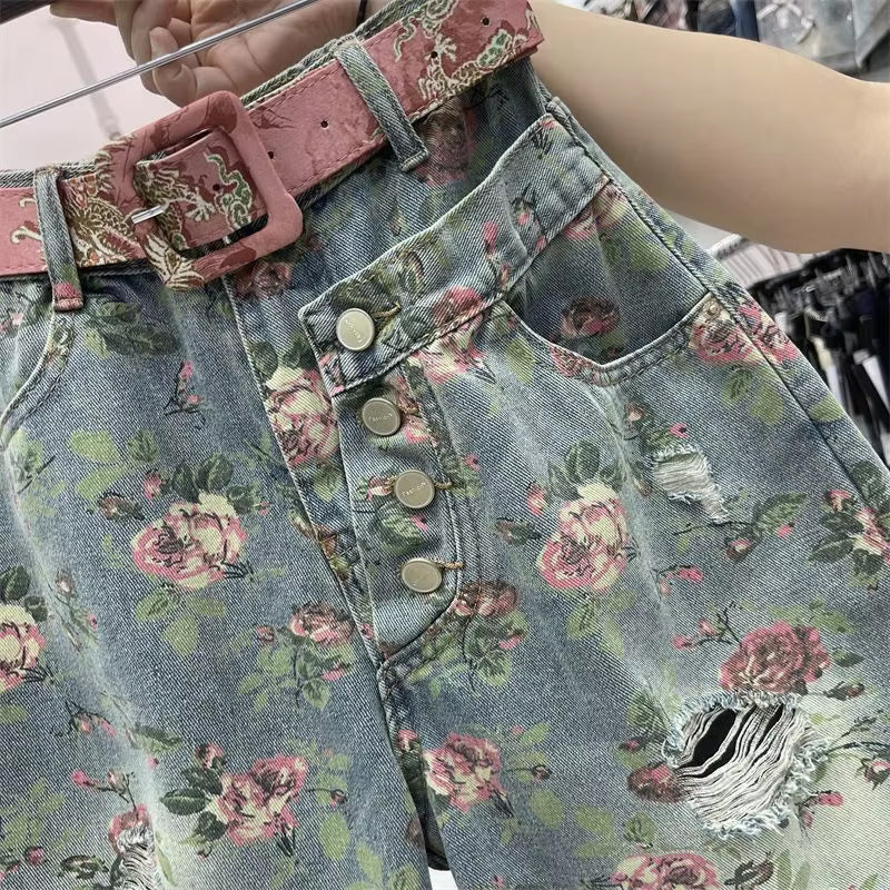 High Waist Ripped Floral Pattern Denim Shorts