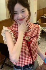 Sleeveless Plaid Pattern Cute Lace Shirt