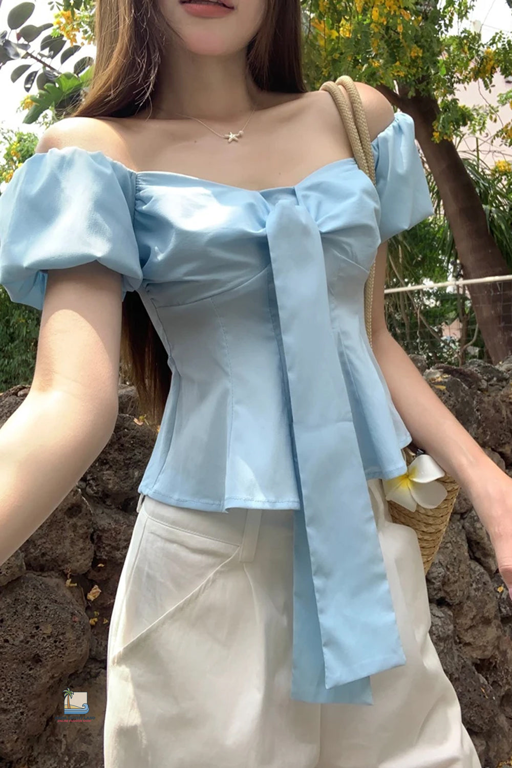 Sexy Slash Neck Puff Sleeve Cropped Shirt