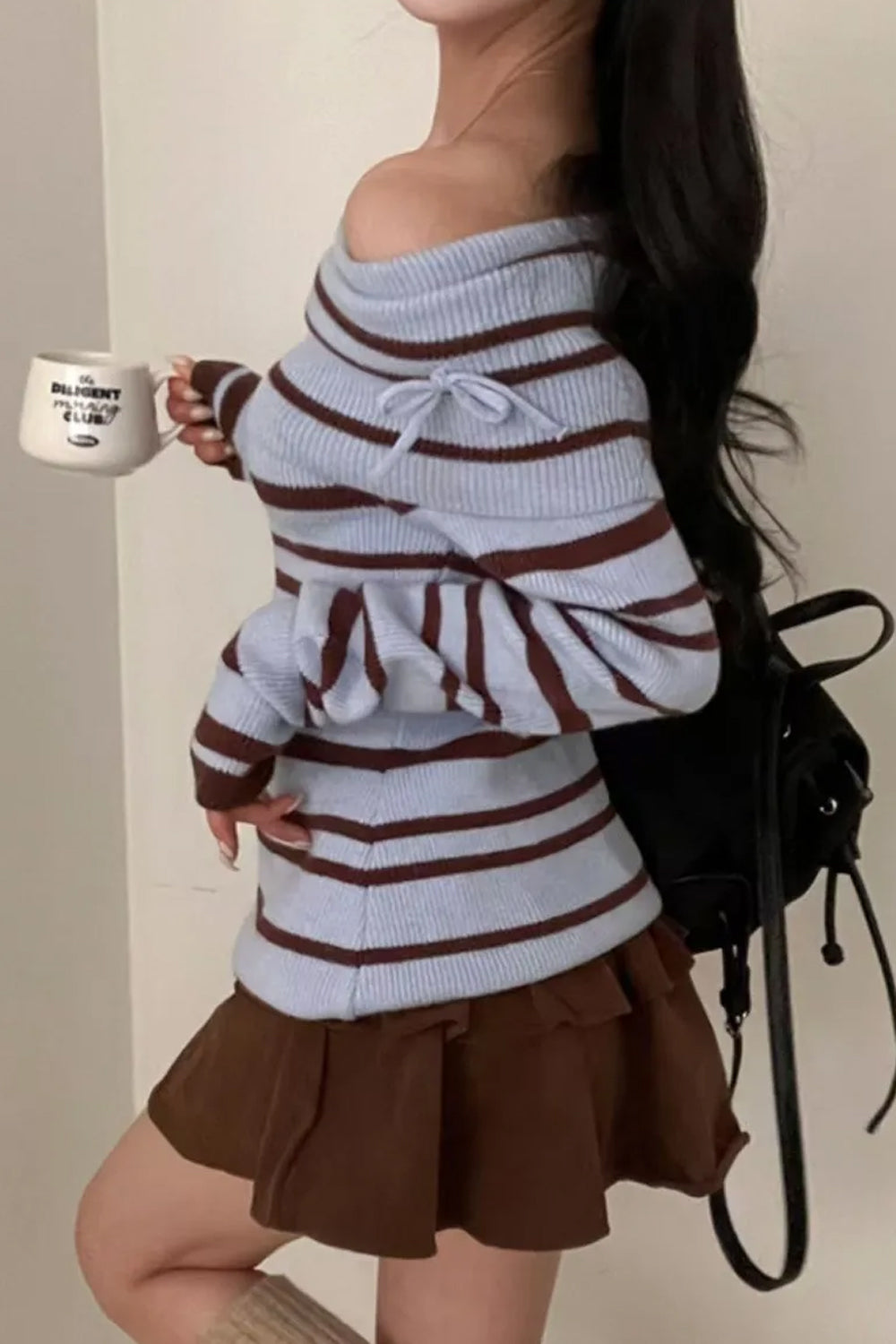 Sexy Slash Neck Striped Cute Bow Knit Sweater