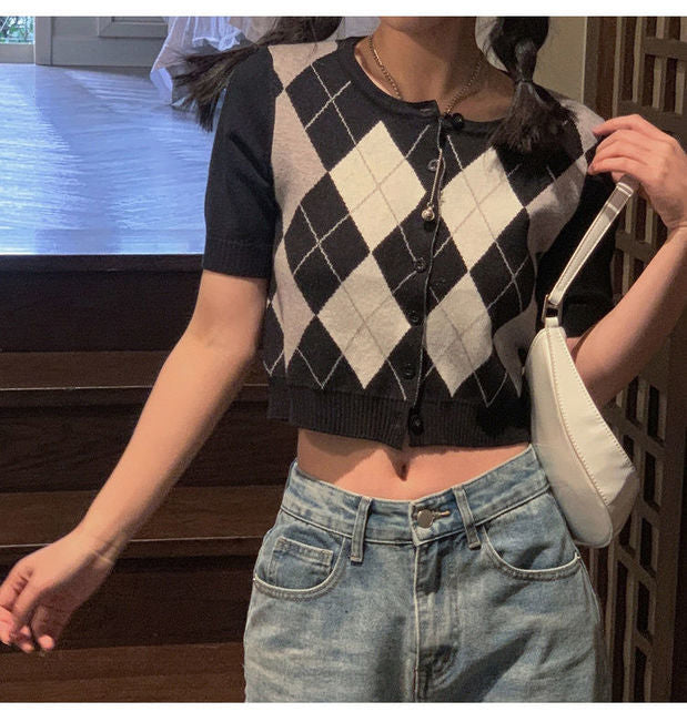 Retro Argyle Pattern Knitted Cropped Sweater