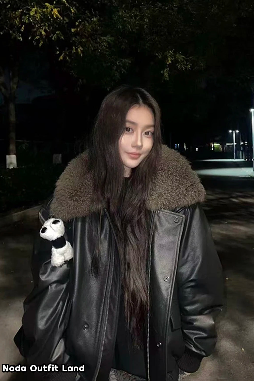 Loose Plush Collar Black Leather Jacket