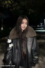 Loose Plush Collar Black Leather Jacket