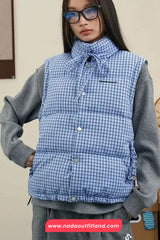 Blue Plaid Pattern Removable Sleeve Parkas Puffy Jacket