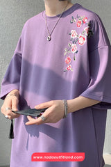 Loose Flower Embroidered Half Sleeve Shirts