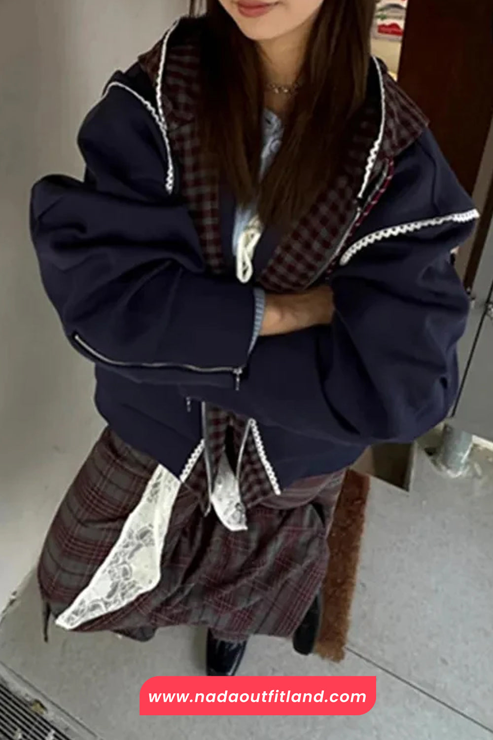 Long Sleeve Vintage Plaid Patchwork Zipper Hooded Sweatshirt