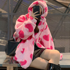Loose Heart Pattern Warm Fleece Hoodie