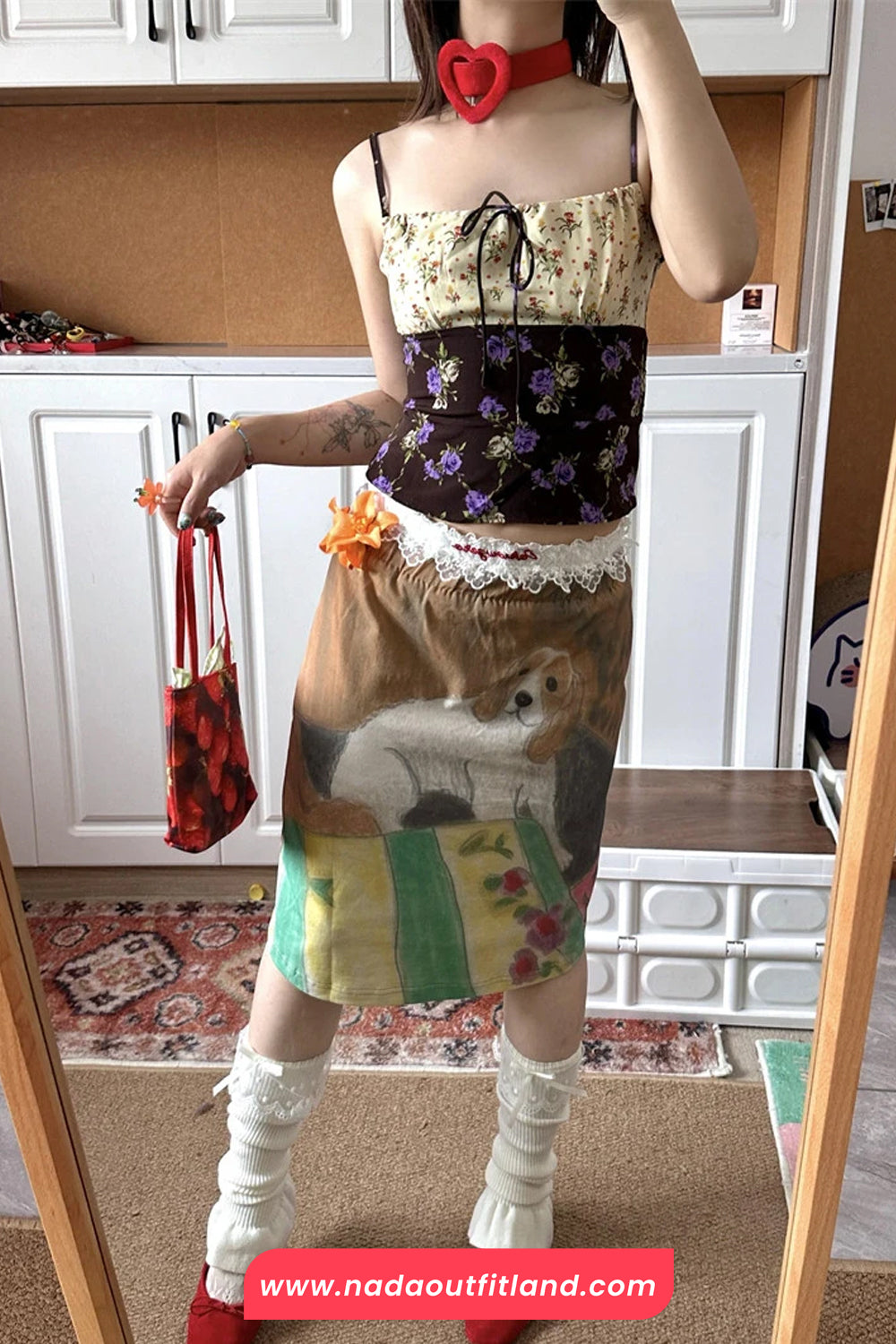Lace Waist Cute Dog Retro Midi Skirts