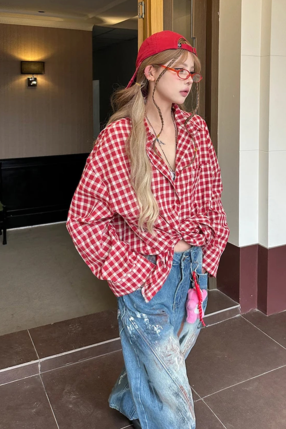 Long Sleeve Hip Hop Red Plaid Blouse Shirt