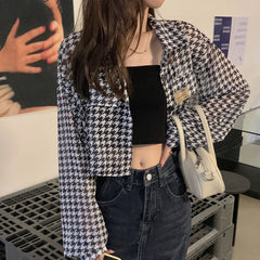 Long Sleeve Houndstooth Pattern Cropped Shirt