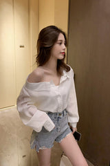 Long Sleeve Sexy Skew Collar Blouse Shirts