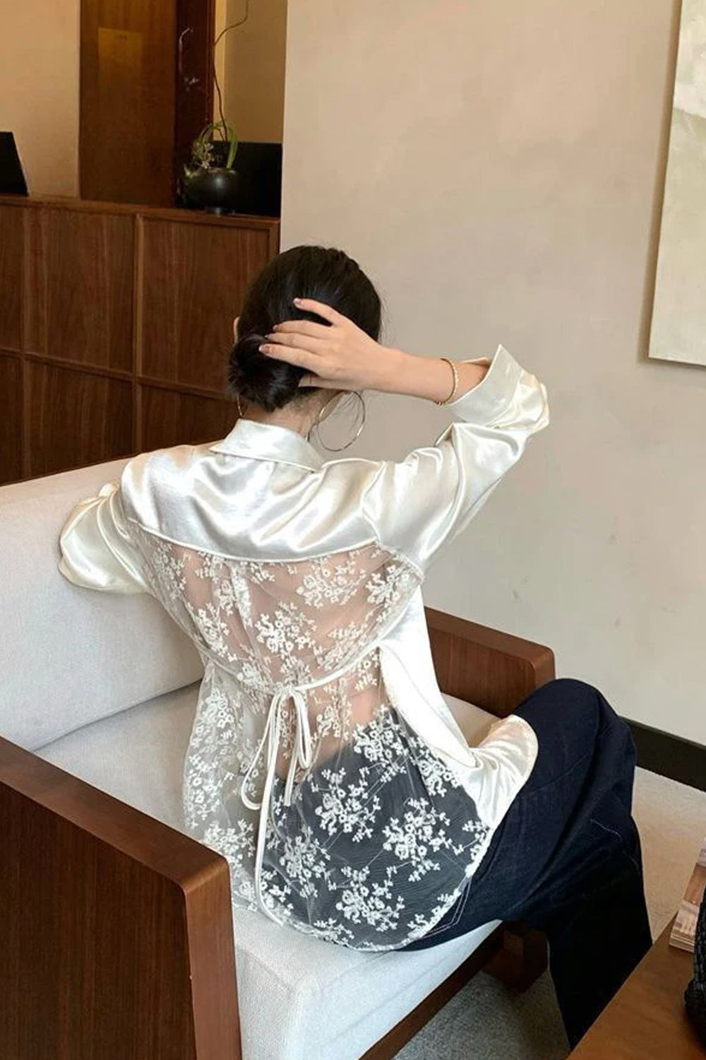 Long Sleeve Sexy Back Lace Transparent Satin Blouse Shirt