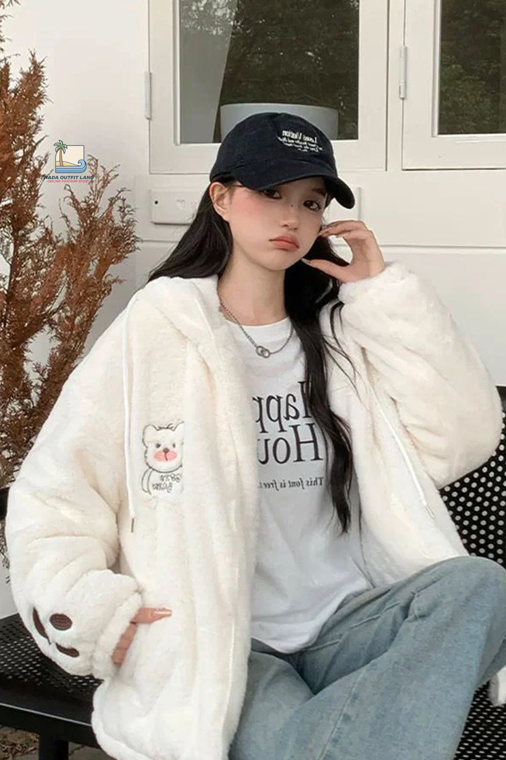 Loose Vintage Cute Bear Embroidered Faux Lamb Jacket