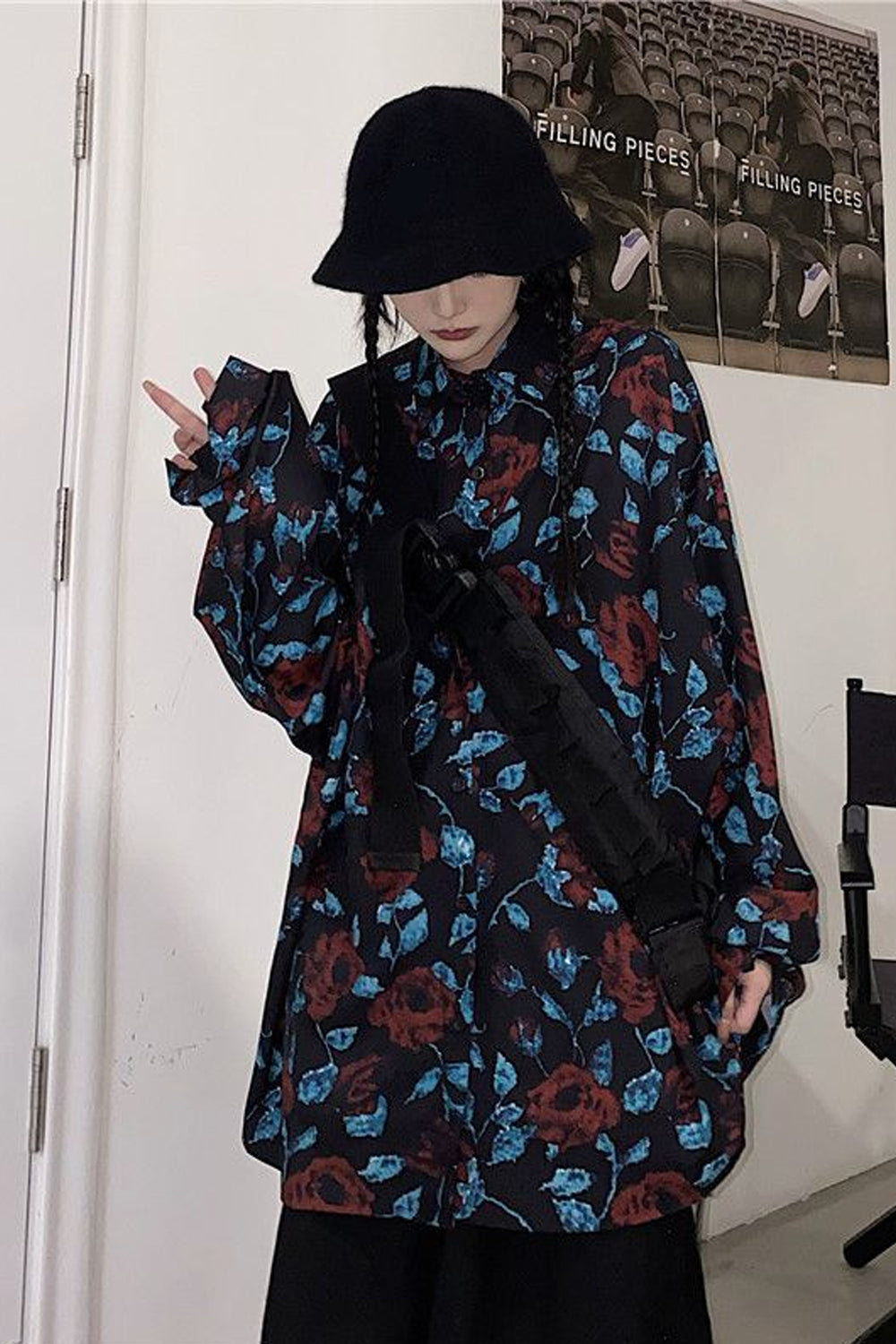 Long Sleeve Dark Florals Pattern Blouse Shirt