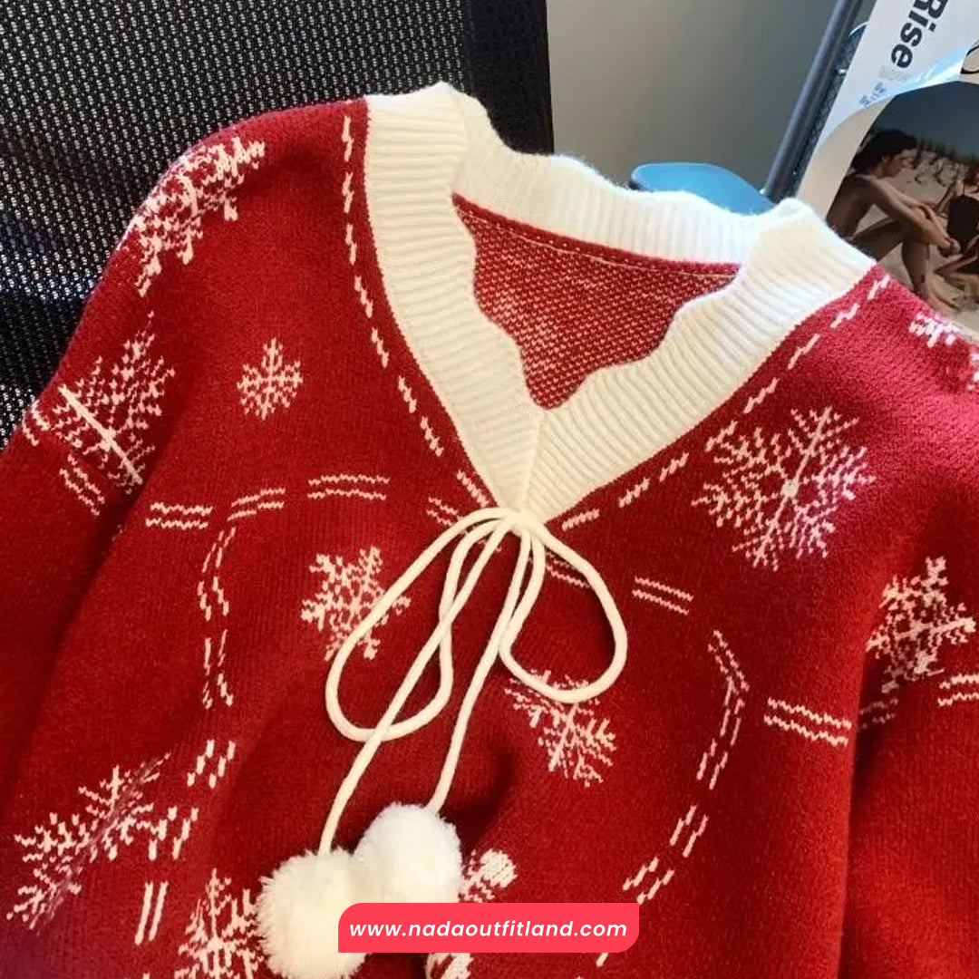 Long Sleeve Christmas Theme Pattern V-Neck Sweater