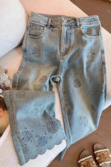 High Waist Lace Floral Embroidered Ankle Length Jeans Pants