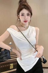 Sexy Slash Neck Folds Style Summer Crop Tops