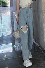 High Waist Lace Heart Shaped Loose Jeans Pants