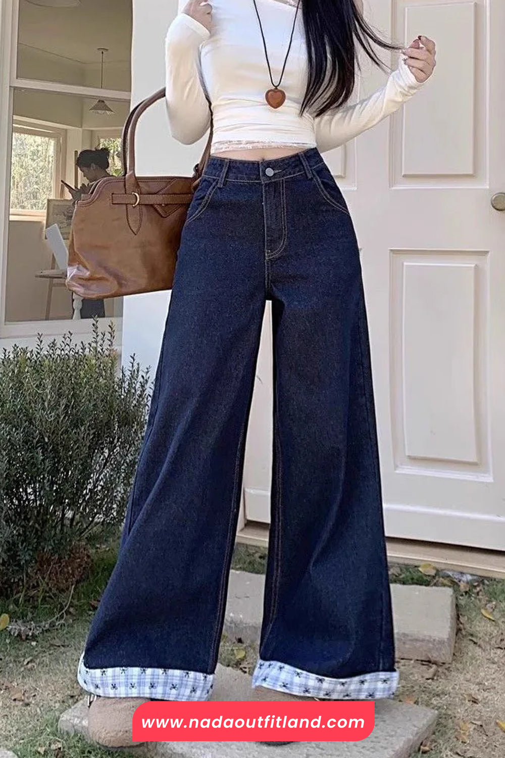 High Waist Bow Plaid Patchwork Jeans Pants